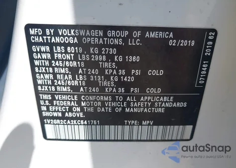 2019 Volkswagen Atlas 3.6L V6 S from USA, damaged, VIN 1V2GR2CA2KC541751